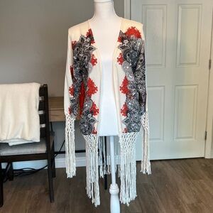 We All Shine White Fringe Festival Kimono with Boho Abstract Pattern - Size S